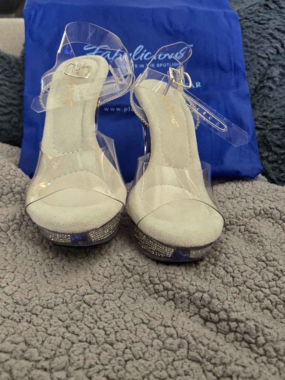 Fabulicious Clear Strap Platform Heels in Ivory with Rhinestone Trim - Picture 3 of 4